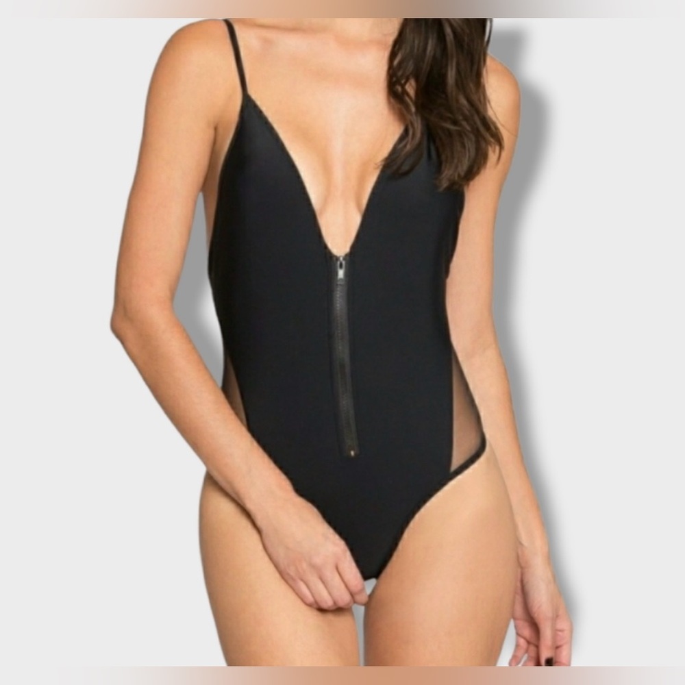 NWOT Ree Bees | Black Mesh Full Zip One Peice Swimsuit | Monokini | Size M